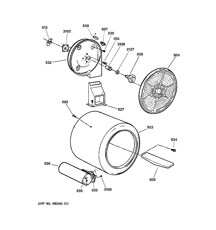 DRUM Diagram and Parts List for DBXR453GA0CC  General Electric Dryer