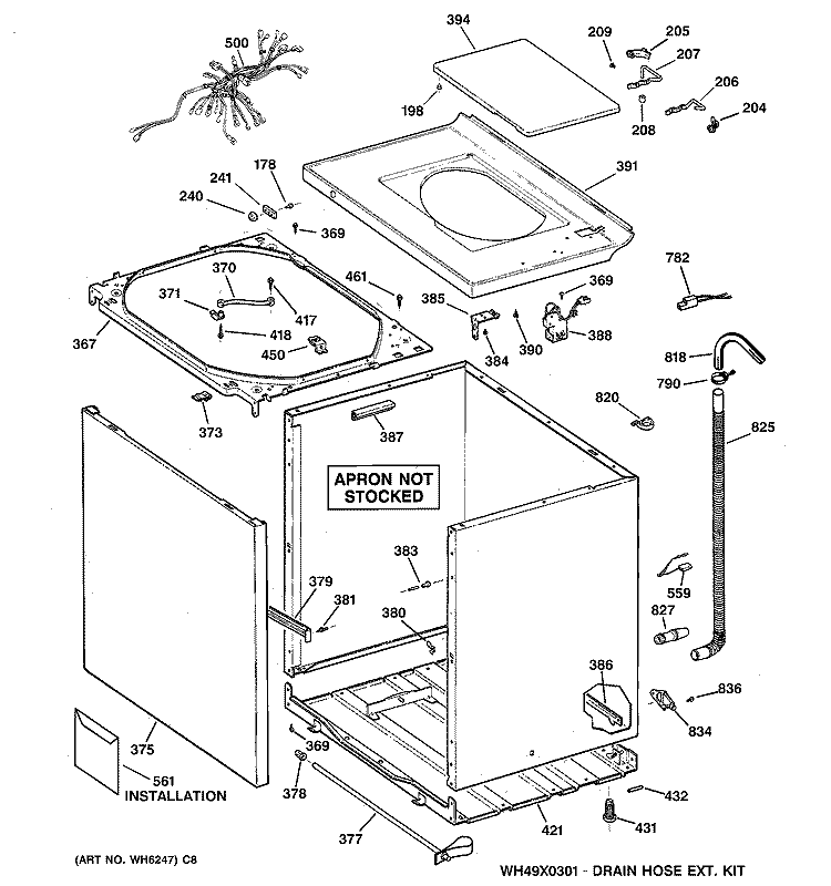 CABINET, COVER & FRONT PANEL Diagram and Parts List for WCCB1030B0KC  General Electric Washer