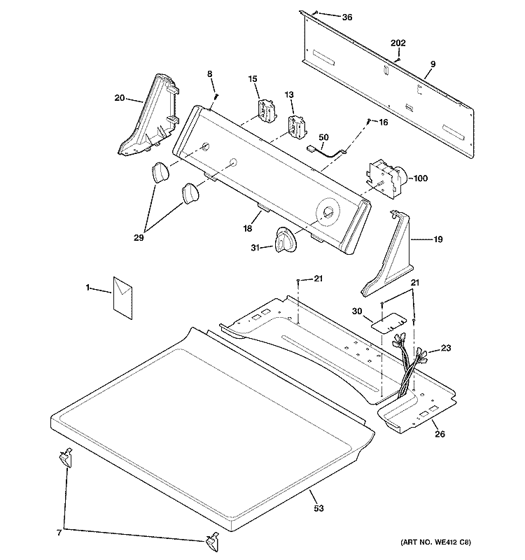 CONTROLS & TOP PANEL Diagram and Parts List for DBR453GA0WW  General Electric Dryer
