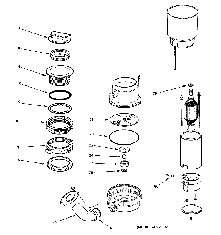 DISPOSER PARTS Diagram and Parts List for GFC323F-00  General Electric Food Waste Disposer