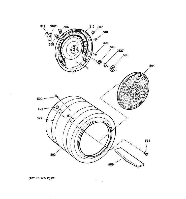 DRUM Diagram and Parts List for DNSB514EB0CC  General Electric Dryer