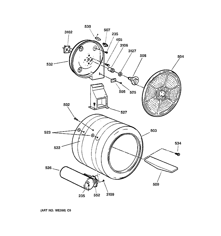 DRUM Diagram and Parts List for DNSB514GB0CC  General Electric Dryer