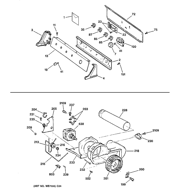 BACKSPLASH, BLOWER & MOTOR ASSEMBLY Diagram and Parts List for DWSR405GB0WW  General Electric Dryer