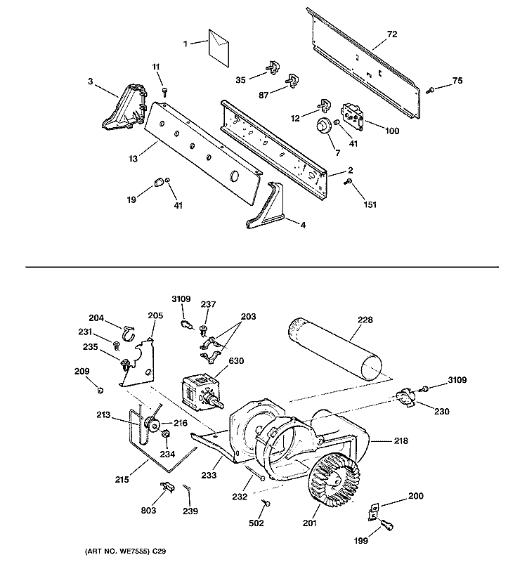 BACKSPLASH, BLOWER & MOTOR ASSEMBLY Diagram and Parts List for DWSR483GB0WW  General Electric Dryer