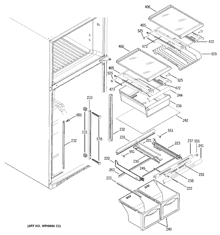 FRESH FOOD SHELVES Diagram and Parts List for ETS19XBMCRBB  General Electric Refrigerator