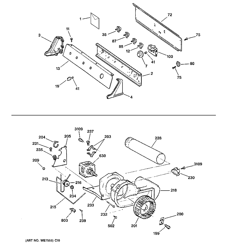 BACKSPLASH, BLOWER & MOTOR ASSEMBLY Diagram and Parts List for DWXR483EB0CC  General Electric Dryer