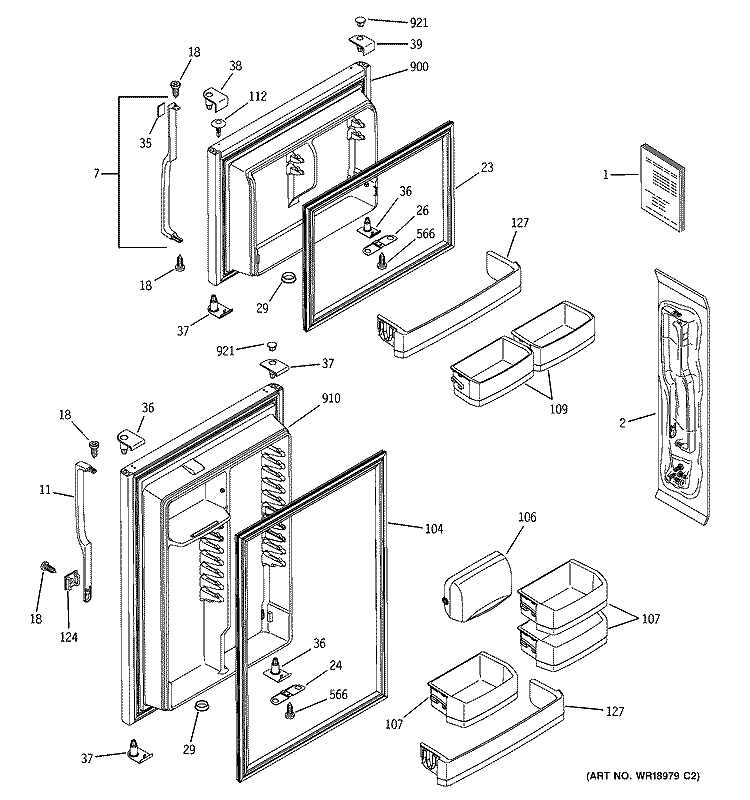 DOORS Diagram and Parts List for GTS19ZCMCRWW  General Electric Refrigerator