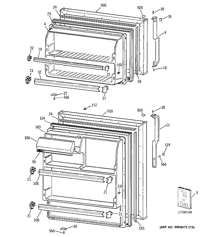 DOORS Diagram and Parts List for GTT16HBMDRCC  General Electric Refrigerator