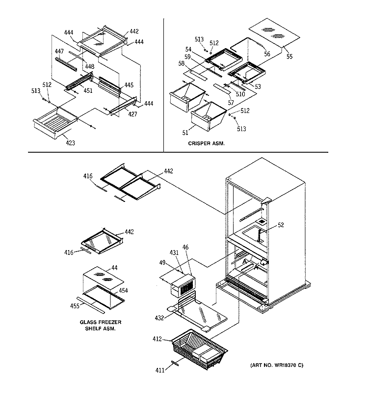 SHELVING ASSEMBLIES Diagram and Parts List for TCX22ZAXARAD  General Electric Refrigerator