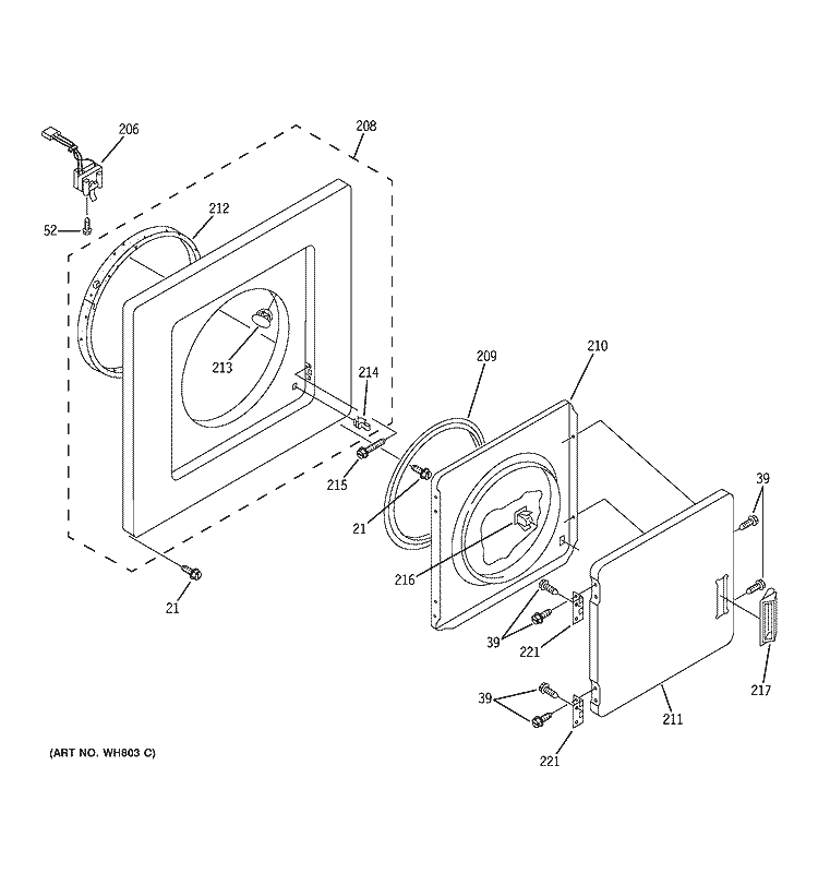 DRYER FRONT PANEL & DOOR Diagram and Parts List for WSM2420TAACC  General Electric Washer Dryer Combo
