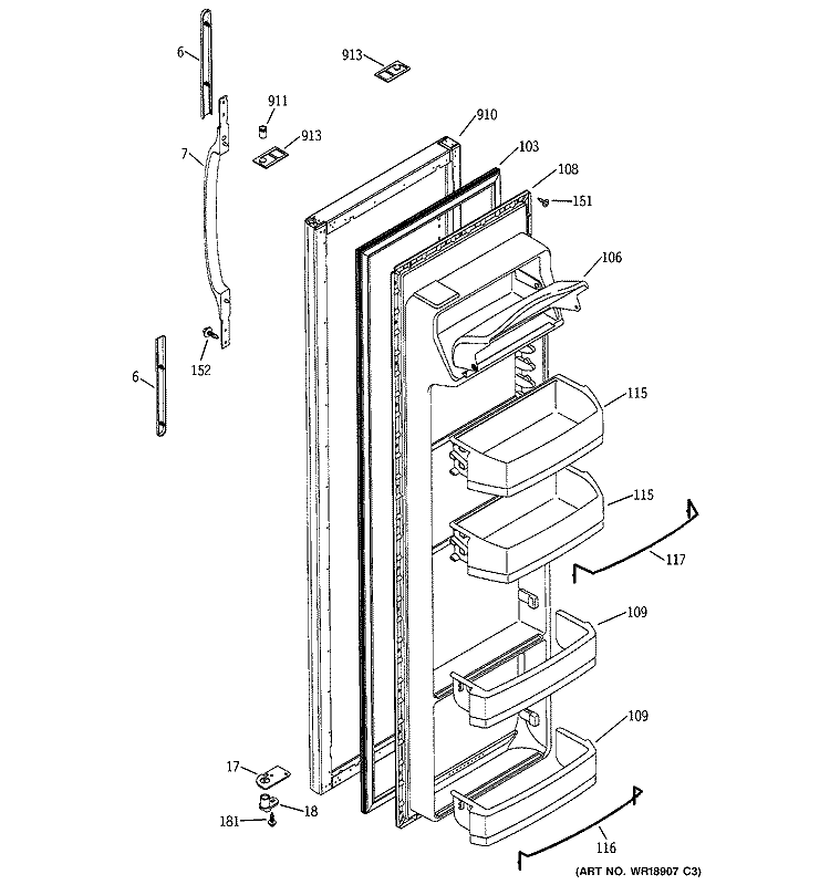 FRESH FOOD DOOR Diagram and Parts List for RSG25KEMBFWW  General Electric Refrigerator