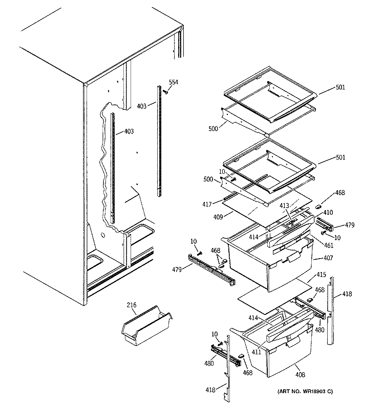 FRESH FOOD SHELVES Diagram and Parts List for RSG25KEMBFWW  General Electric Refrigerator