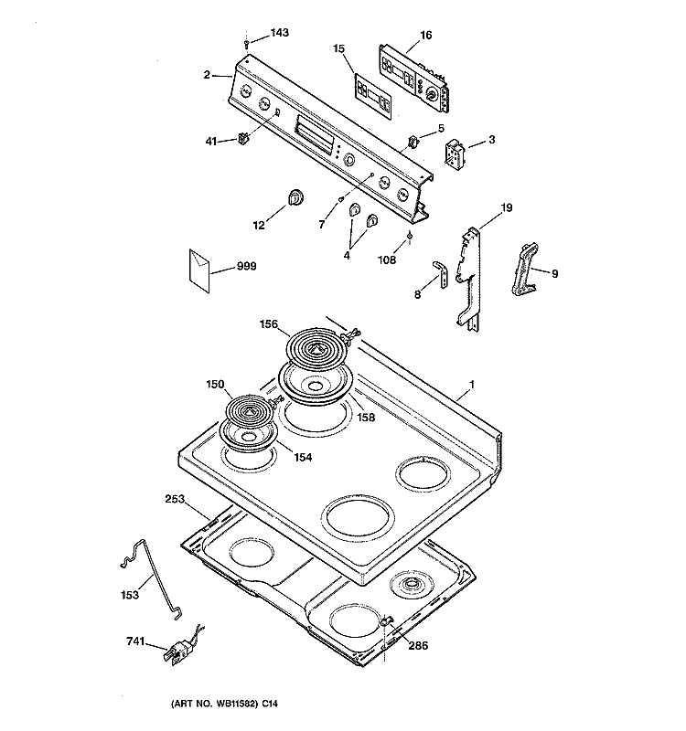 CONTROL PANEL & COOKTOP Diagram and Parts List for RB757WB1  Hotpoint Range