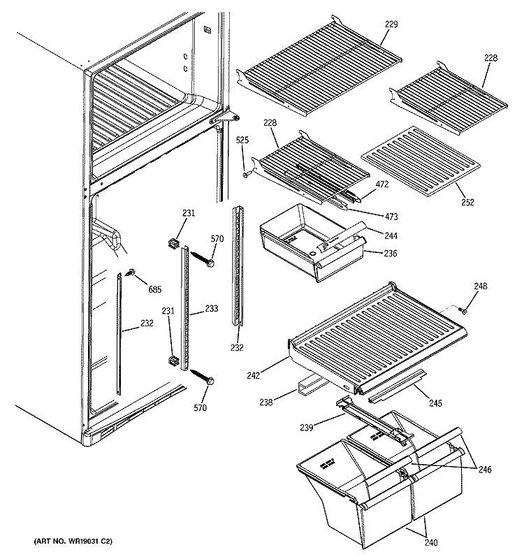 FRESH FOOD SHELVES Diagram and Parts List for GTH18DBMCLWW  General Electric Refrigerator
