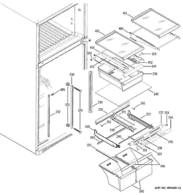 FRESH FOOD SHELVES Diagram and Parts List for GTH18KBMBRBB  General Electric Refrigerator