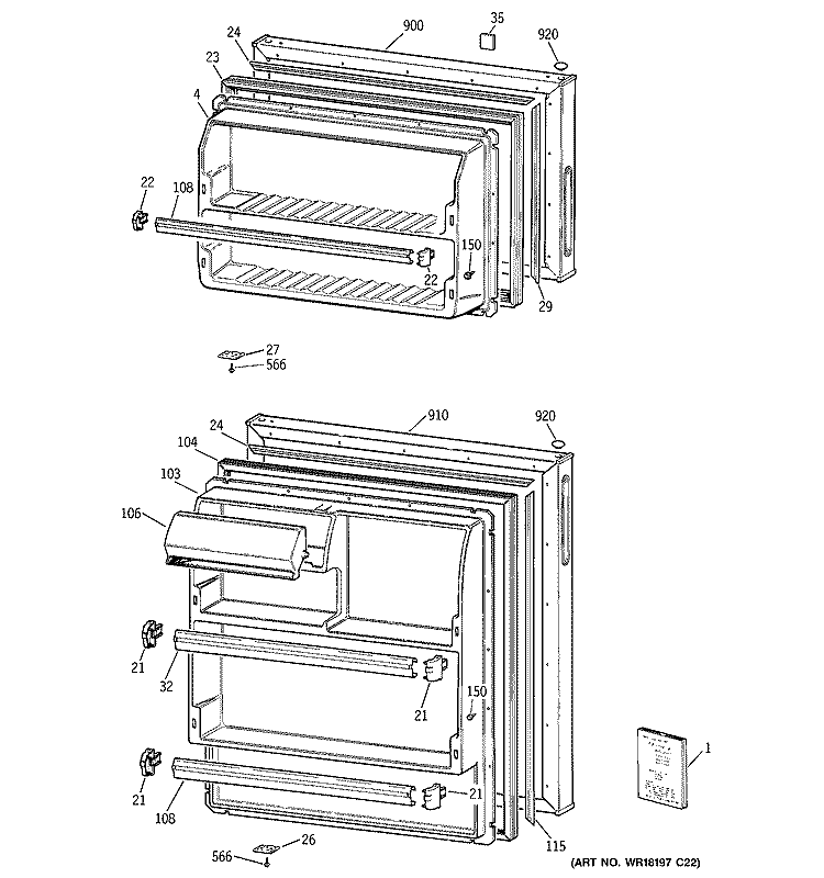 DOORS Diagram and Parts List for GTR18BBMBRCC  General Electric Refrigerator