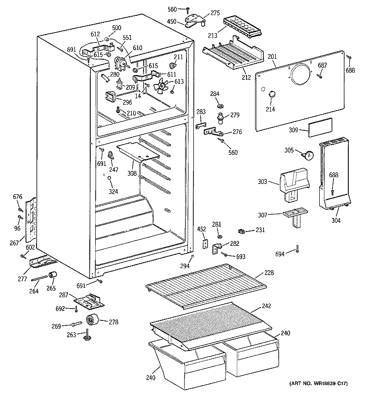 CABINET Diagram and Parts List for GTR18BBMBRCC  General Electric Refrigerator
