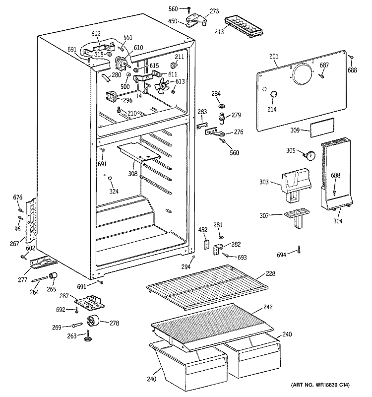 CABINET Diagram and Parts List for MTS16BBMDLWW  General Electric Refrigerator