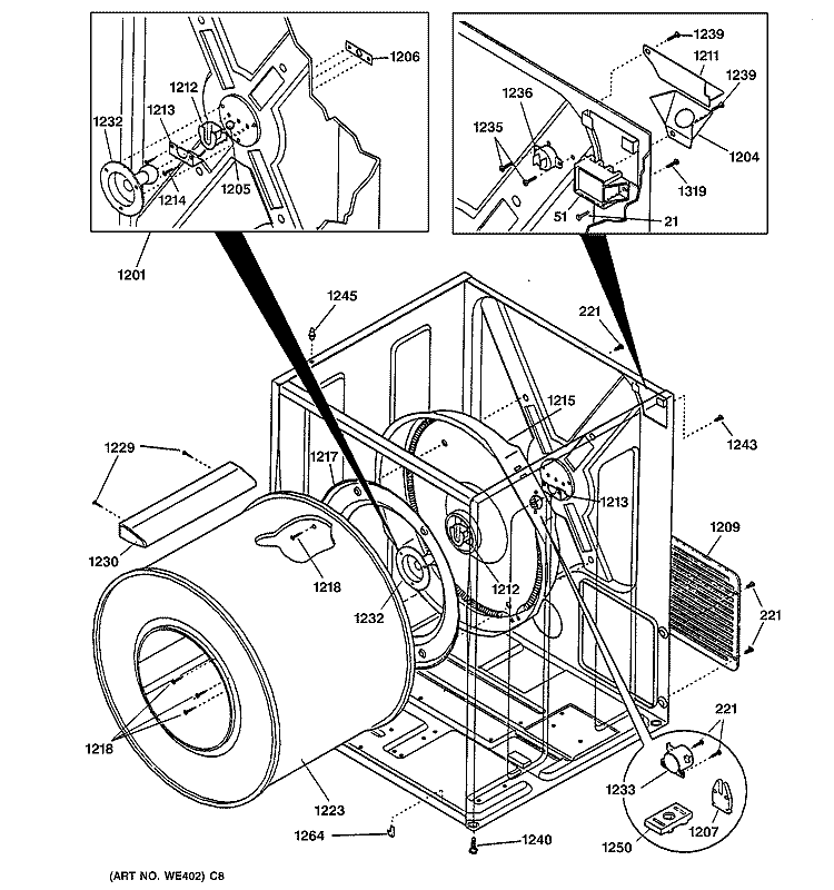 CABINET & DRUM Diagram and Parts List for DBL333EA0CC  General Electric Dryer