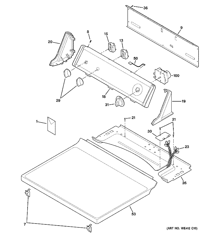 CONTROLS & TOP PANEL Diagram and Parts List for DBL333GA1WW  General Electric Dryer