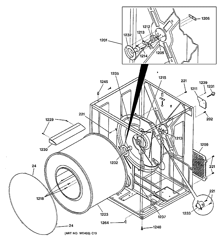 CABINET & DRUM Diagram and Parts List for DBL333GA1WW  General Electric Dryer