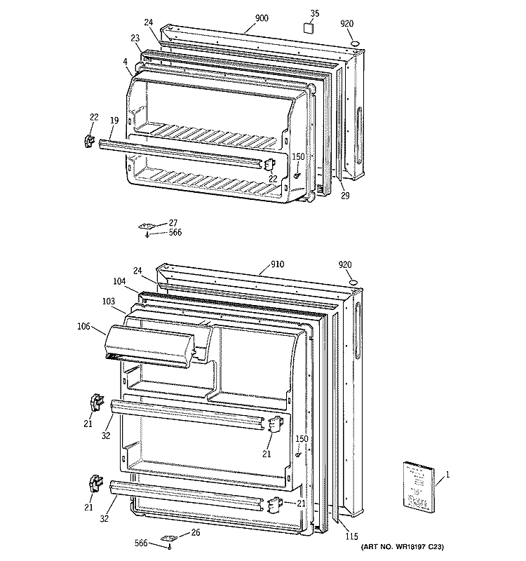 DOORS Diagram and Parts List for GTR18BBMBLCC  General Electric Refrigerator