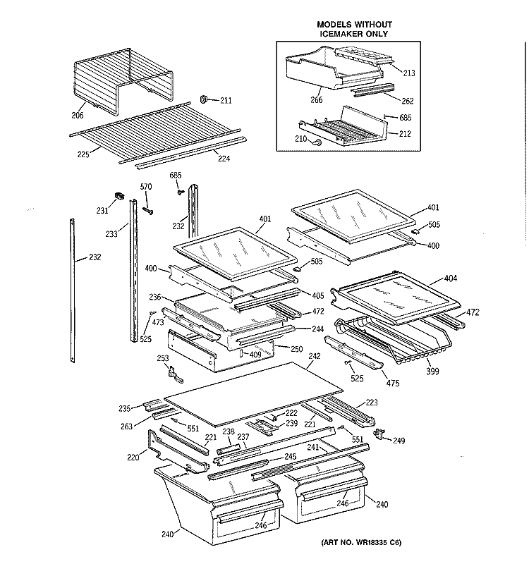 SHELVES Diagram and Parts List for TBX25PABRRAA  General Electric Refrigerator