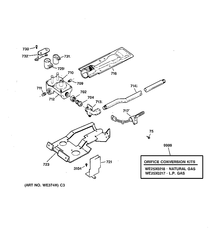 GAS VALVE & BURNER ASSEMBLY Diagram and Parts List for DBSR453GA0AA  General Electric Dryer
