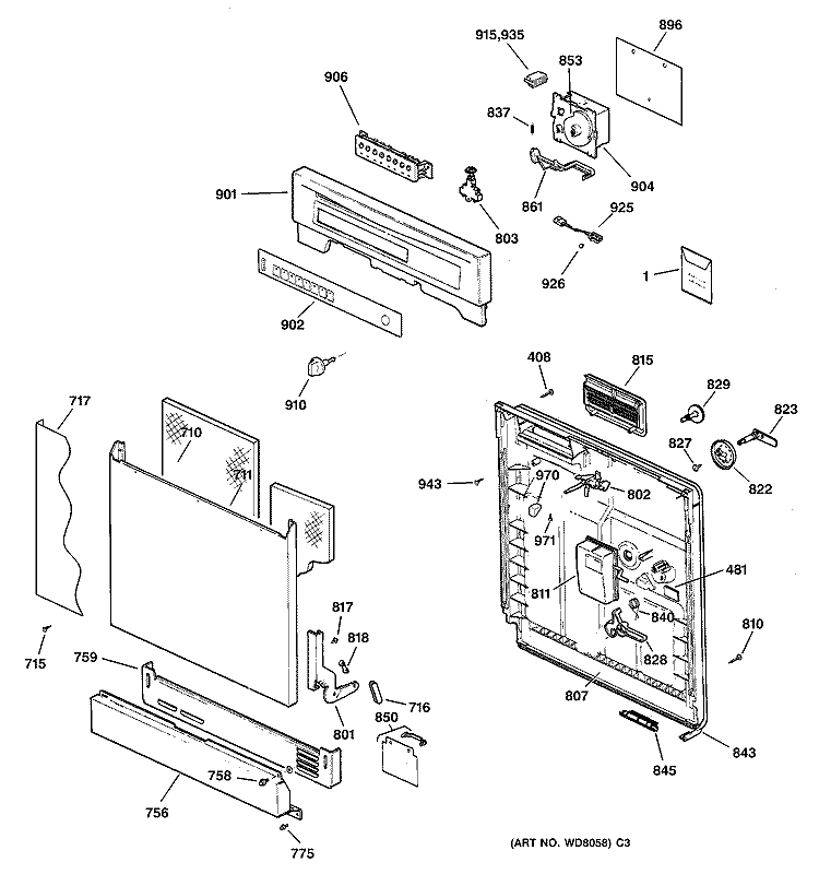 ESCUTCHEON & DOOR ASSEMBLY Diagram and Parts List for GSD3912F00AA  General Electric Dishwasher