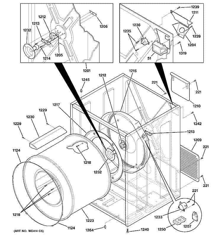 CABINET & DRUM Diagram and Parts List for DVL223EB1WW  General Electric Dryer