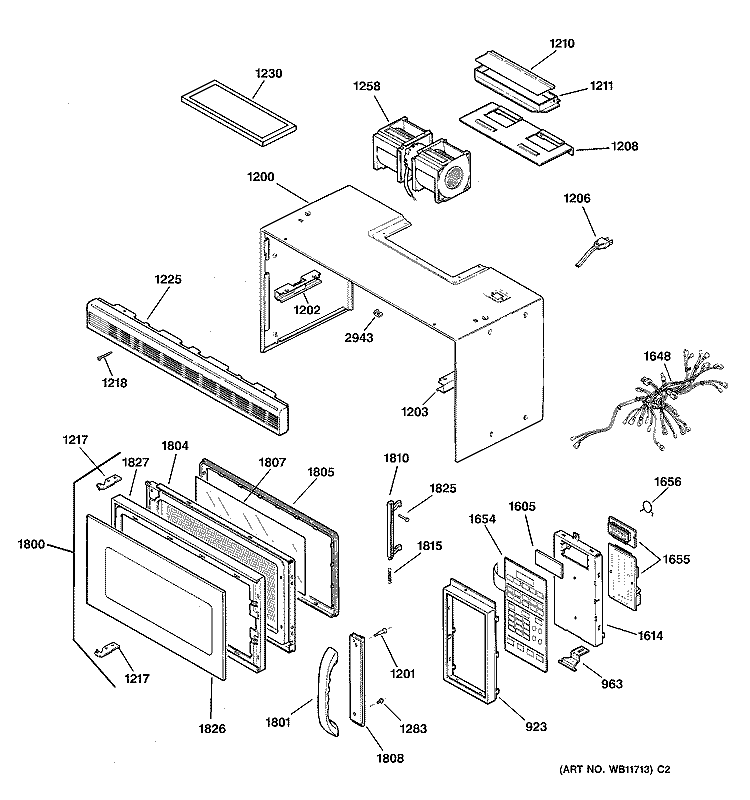 CASE, DOOR & CONTROLS Diagram and Parts List for JVM1331BW01  General Electric Microwave