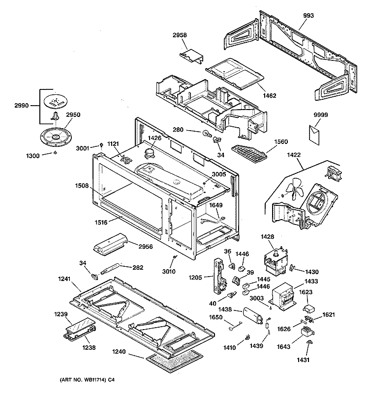 BASE, STIRRER & ELECTRONICS Diagram and Parts List for JVM1331BW01  General Electric Microwave
