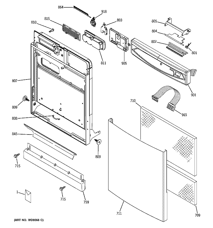 ESCUTCHEON & DOOR ASSEMBLY Diagram and Parts List for PDW7880G00SS  General Electric Dishwasher