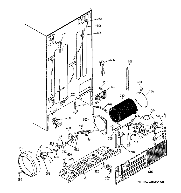 SEALED SYSTEM & MOTHER BOARD Diagram and Parts List for ZFSB25DMDSS  General Electric Refrigerator