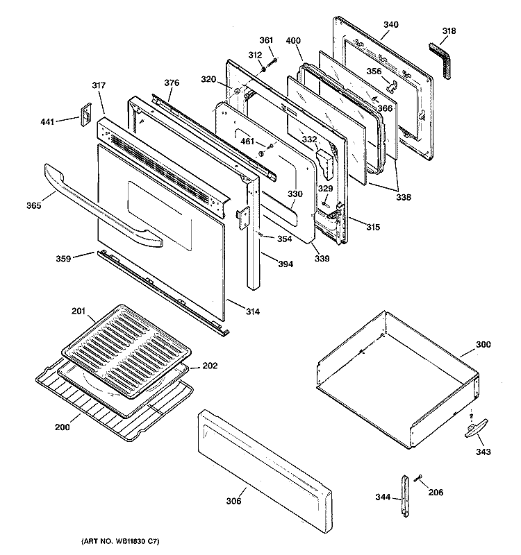 DOOR & DRAWER PARTS Diagram and Parts List for JGBP35WEA8WW  General Electric Range