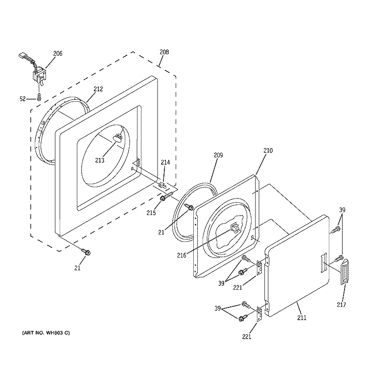 DRYER FRONT PANEL & DOOR Diagram and Parts List for WSM2480TCAAA  General Electric Washer Dryer Combo