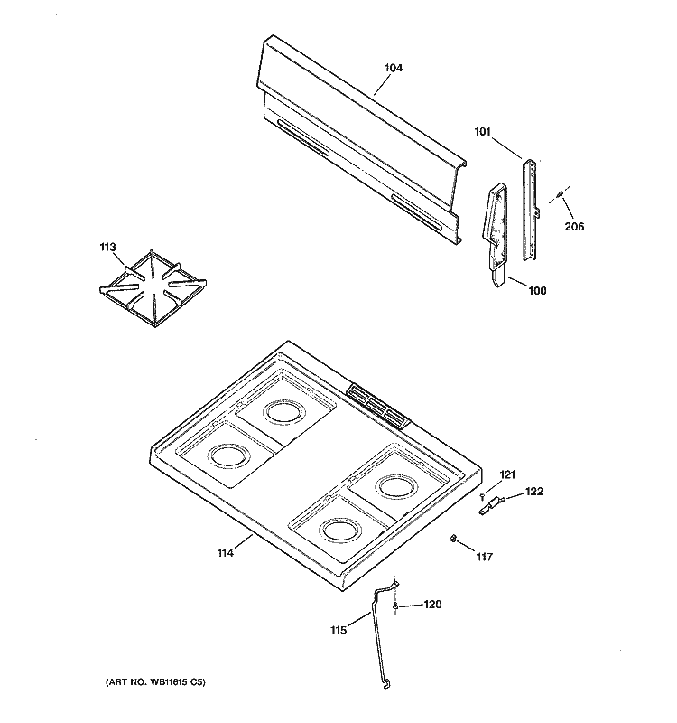 CONTROL PANEL & COOKTOP Diagram and Parts List for LGB116BPA5WH  General Electric Range