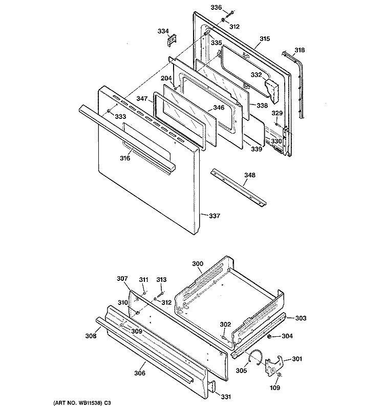 DOOR & DRAWER PARTS Diagram and Parts List for RGB526PEA4CT  Hotpoint Range