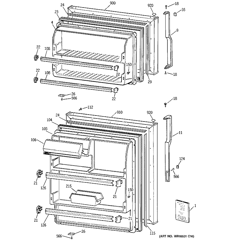 DOORS Diagram and Parts List for HTS18CBMDRWW  Hotpoint Refrigerator