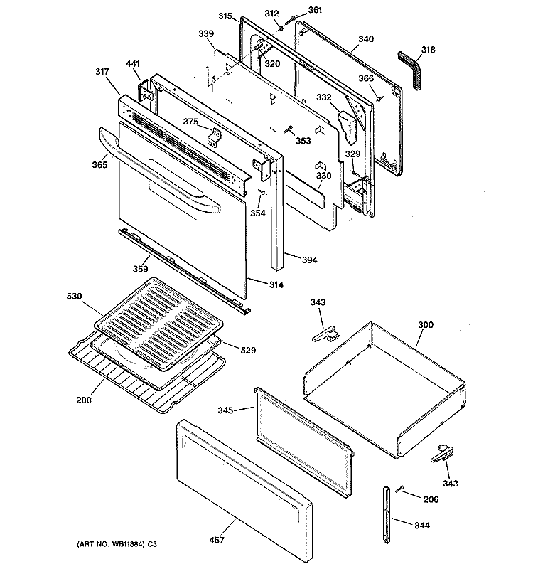 DOOR & DRAWER PARTS Diagram and Parts List for RB753BC4WH  Hotpoint Range