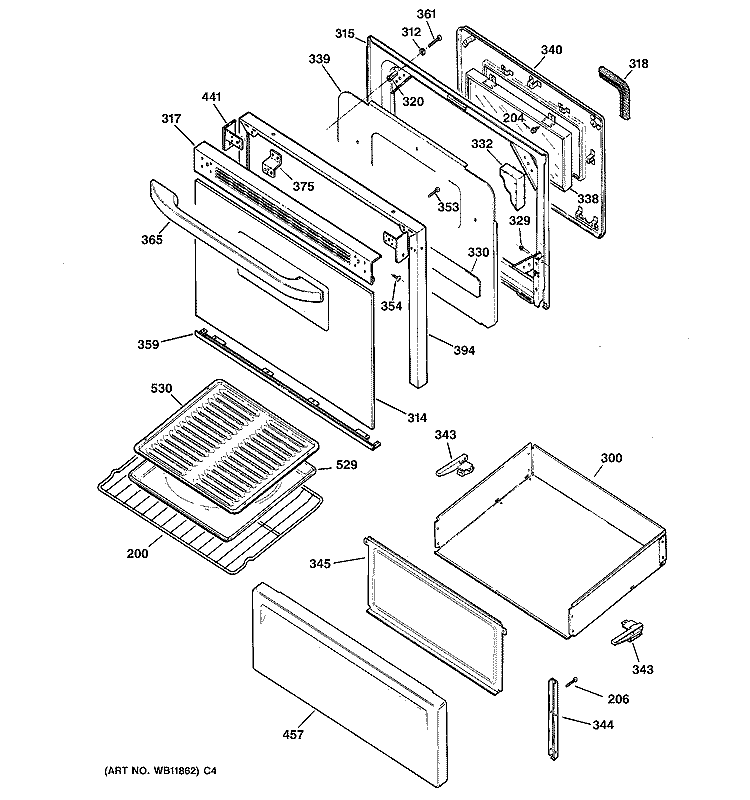 DOOR & DRAWER PARTS Diagram and Parts List for RB757BC4WH  Hotpoint Range