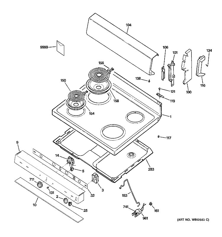 CONTROL PANEL & COOKTOP Diagram and Parts List for JBS15F1CT  General Electric Range