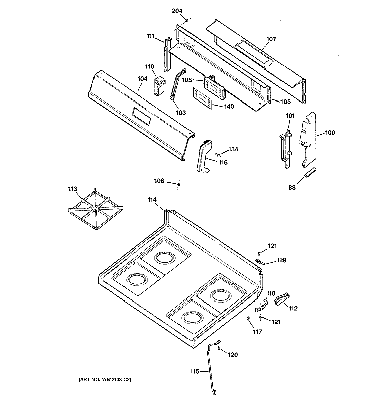 CONTROL PANEL & COOKTOP Diagram and Parts List for JGBS17PEA5WH  General Electric Range
