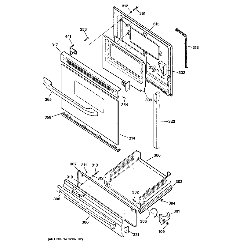 DOOR & DRAWER PARTS Diagram and Parts List for JGBS22BEA6WH  General Electric Range