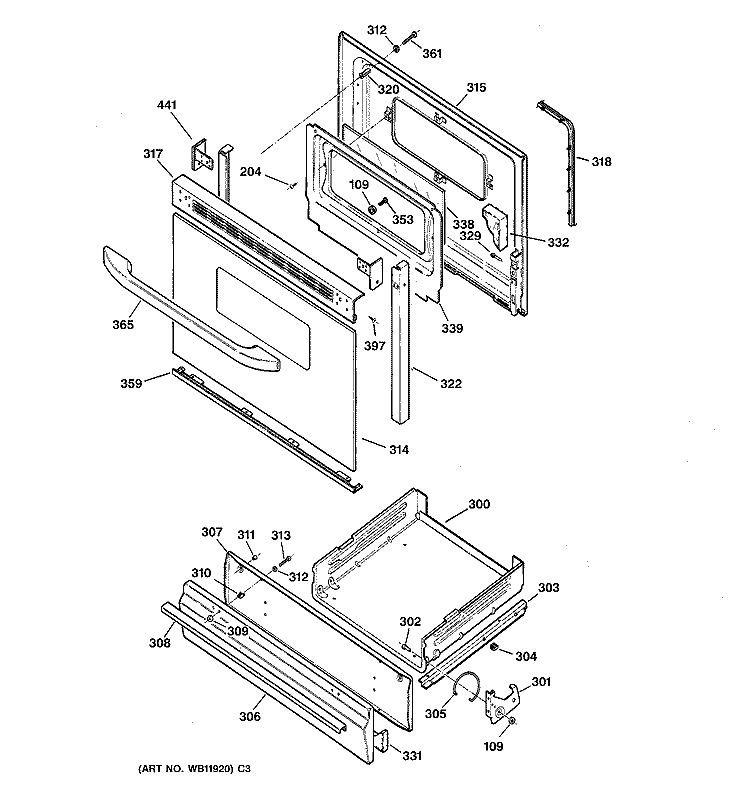 DOOR & DRAWER PARTS Diagram and Parts List for JGSS05BEA7BB  General Electric Range