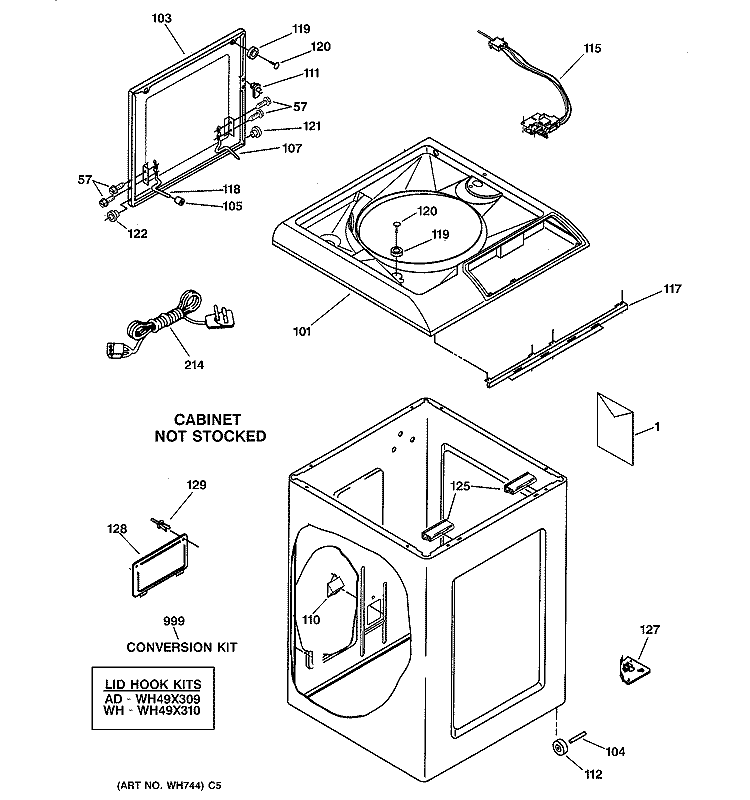TOP & CABINET PARTS Diagram and Parts List for WSKP2060W1WH  General Electric Washer
