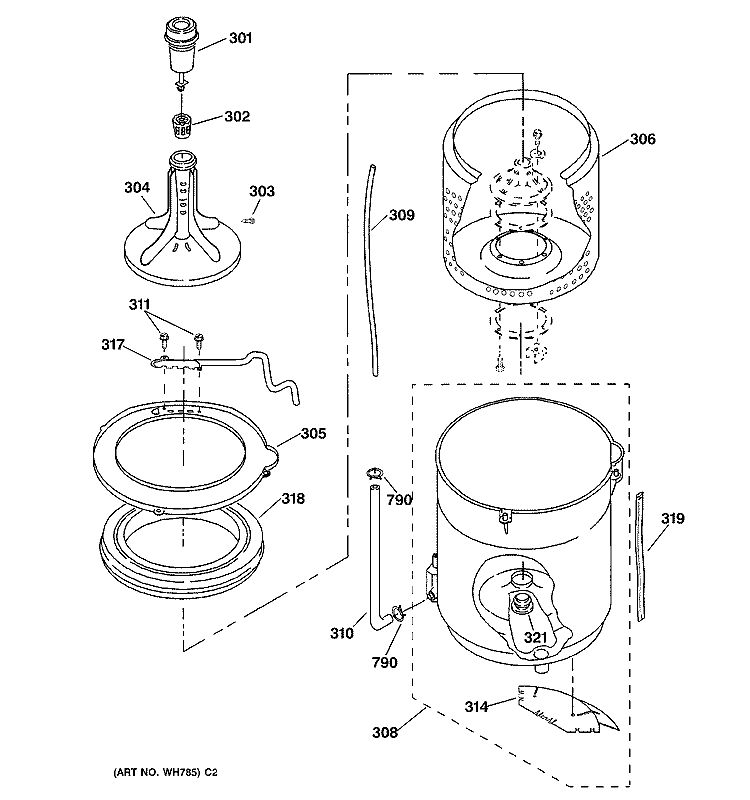 AGITATOR, BASKET & TUB PARTS Diagram and Parts List for WSKP2060W1WH  General Electric Washer