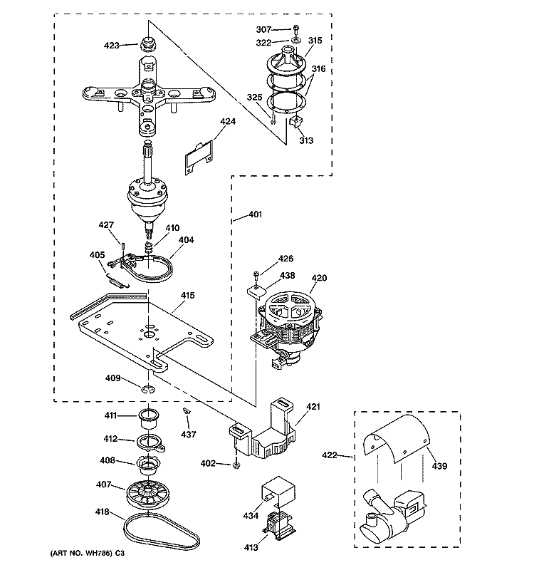 BRAKE, CLUTCH, GEARCASE, MOTOR & PUMP PARTS Diagram and Parts List for WSKP2060W1WH  General Electric Washer