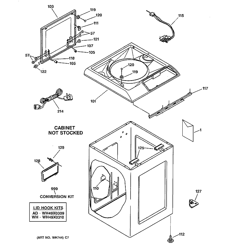 TOP & CABINET PARTS Diagram and Parts List for WSKS2060W1WH  General Electric Washer