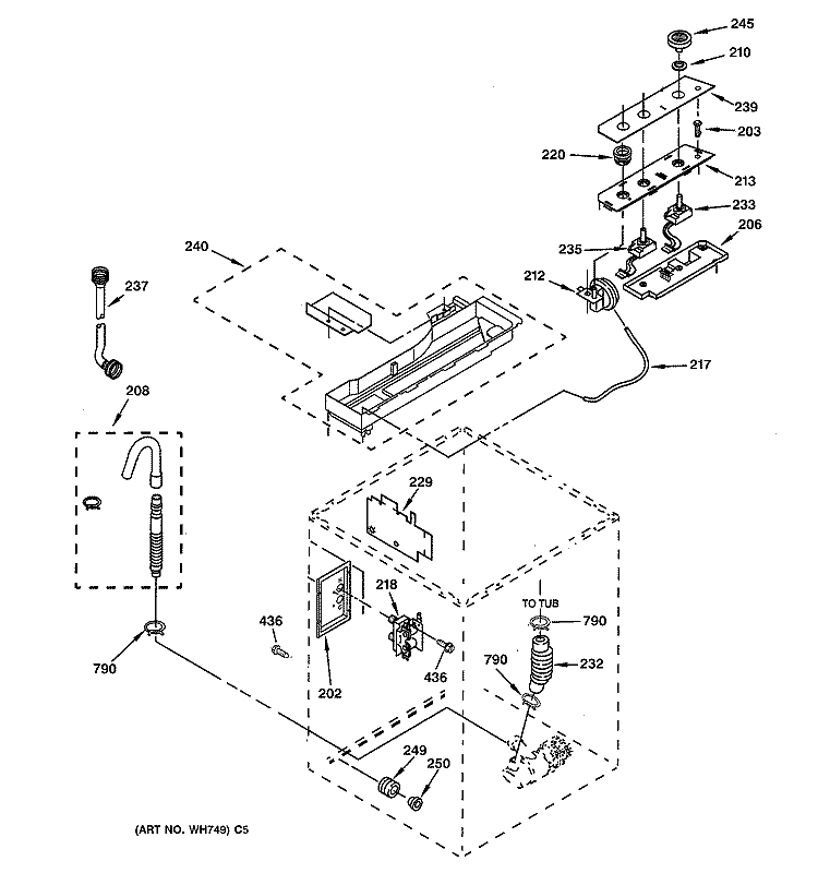 CONTROLS & REAR PANEL PARTS Diagram and Parts List for WSKS2060W1WH  General Electric Washer